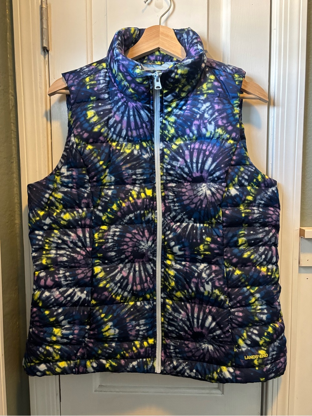 Lands' End Women's Navy Tie-Dye Quilted Puffer Vest with Purple & Yellow Accents